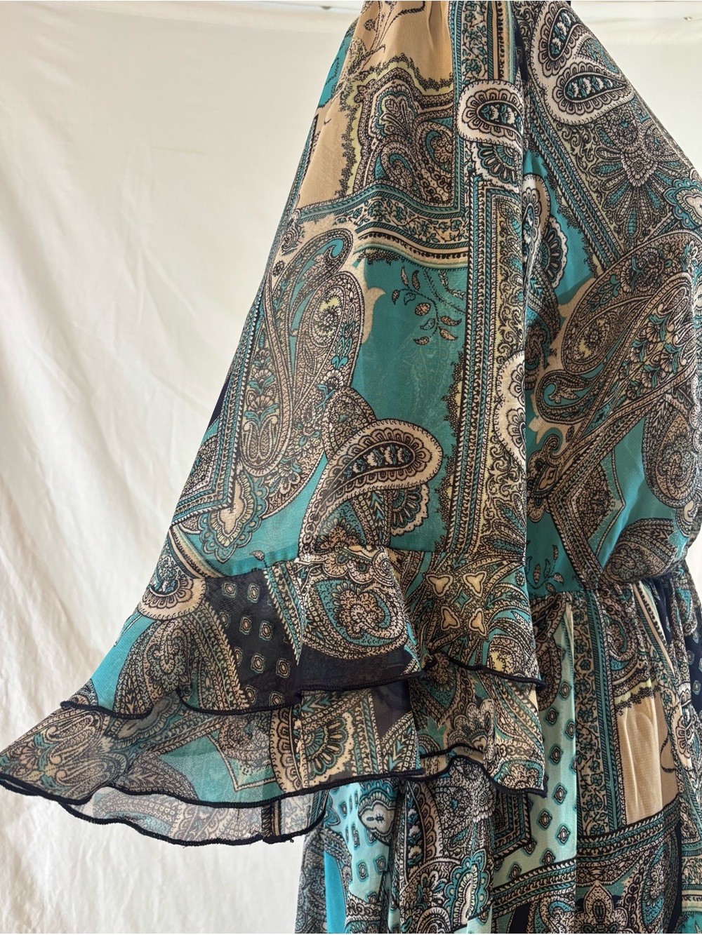 Kate & Lily Paisley Ruffle Sleeve Bohemian Maxi Dress in Turquoise& Beige 14